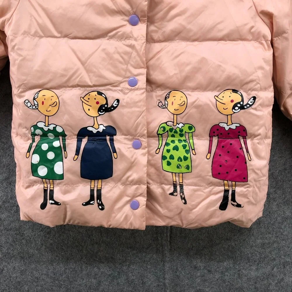 Girls 5T‎ (110) Down Puffer Jacket Pink Quilted Snap Button Popeye Olive Print
